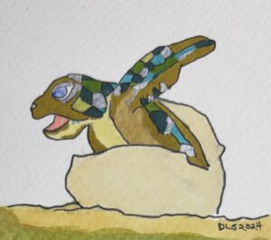 Exampole of turtle-themed art featured on cover of note cards